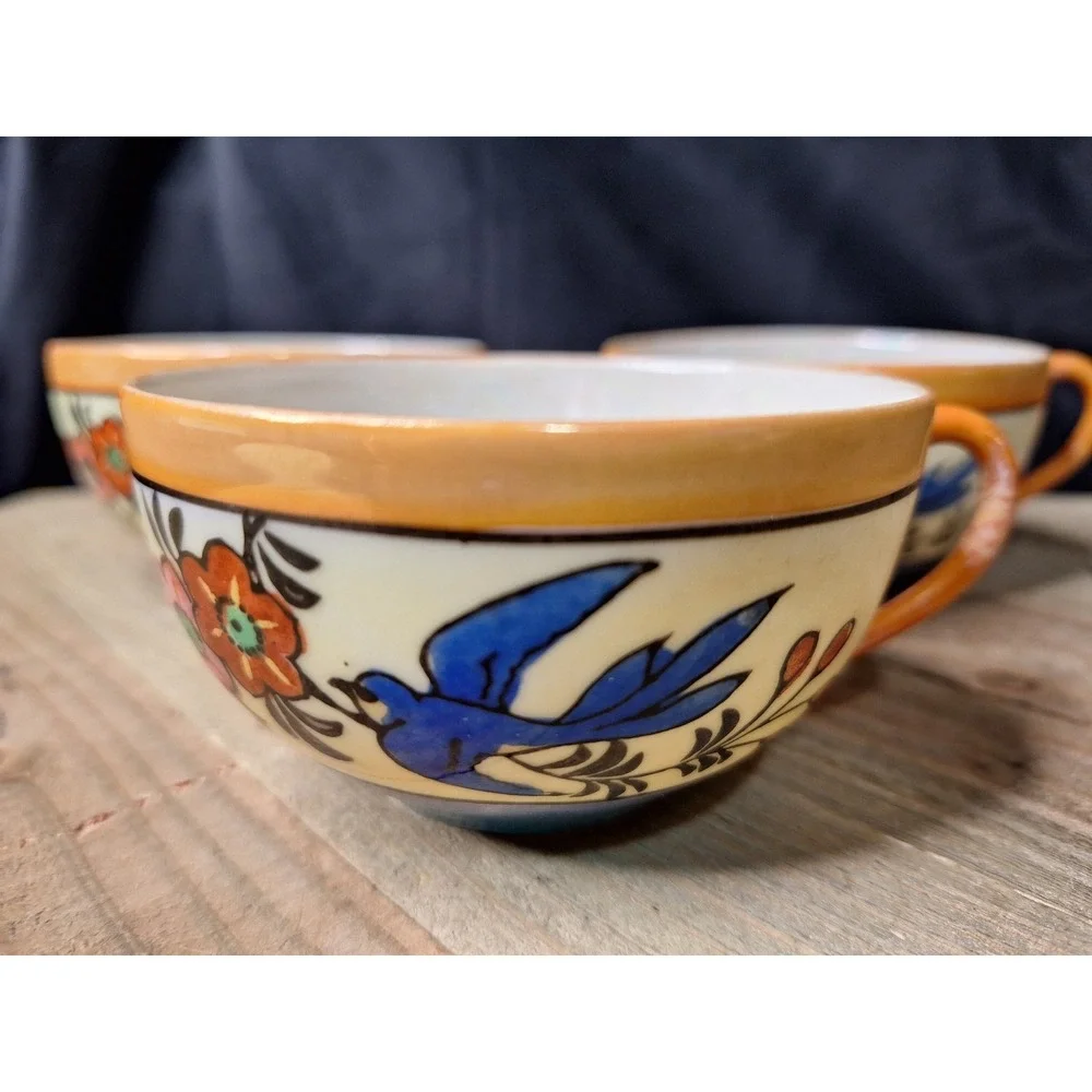 Vintage Japanese Lusterware Teacups Set of‎ 3 Blue Bird Floral Porcelain Japan